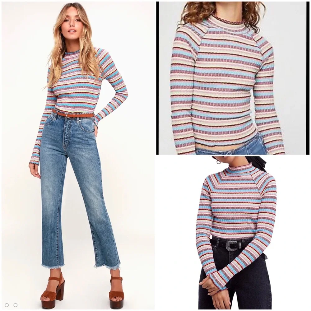 Free People Retro Mirror Blue Striped Mock Neck Ribbed Long Sleeve Crop Top Sz S - Picture 5 of 16